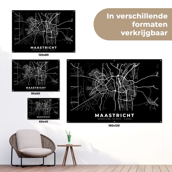 Tuinposter 120x80 cm - Tuindecoratie Kaart - Maastricht - Zwart - Poster voor in de tuin - Buiten decoratie - Schutting tuinschilderij - Tuindoek muurdecoratie - Wanddecoratie balkondoek