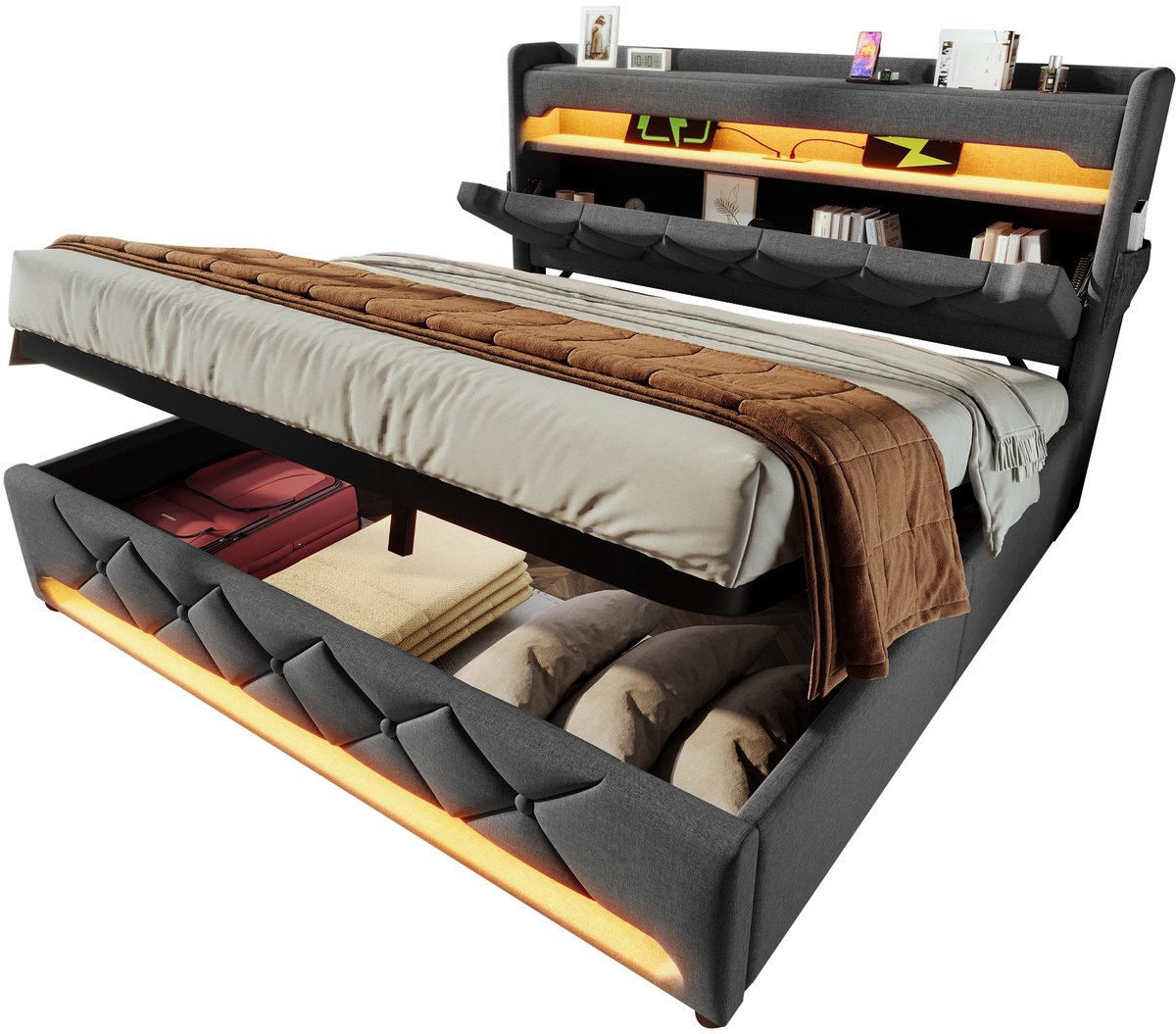 Merax Gestoffeerd Bed 140x190 - Bed met Opbergruimte - Stauraum Hoofdbord met USB en Type C - 360 LED Verlichting met Afstandsbediening - Grijs