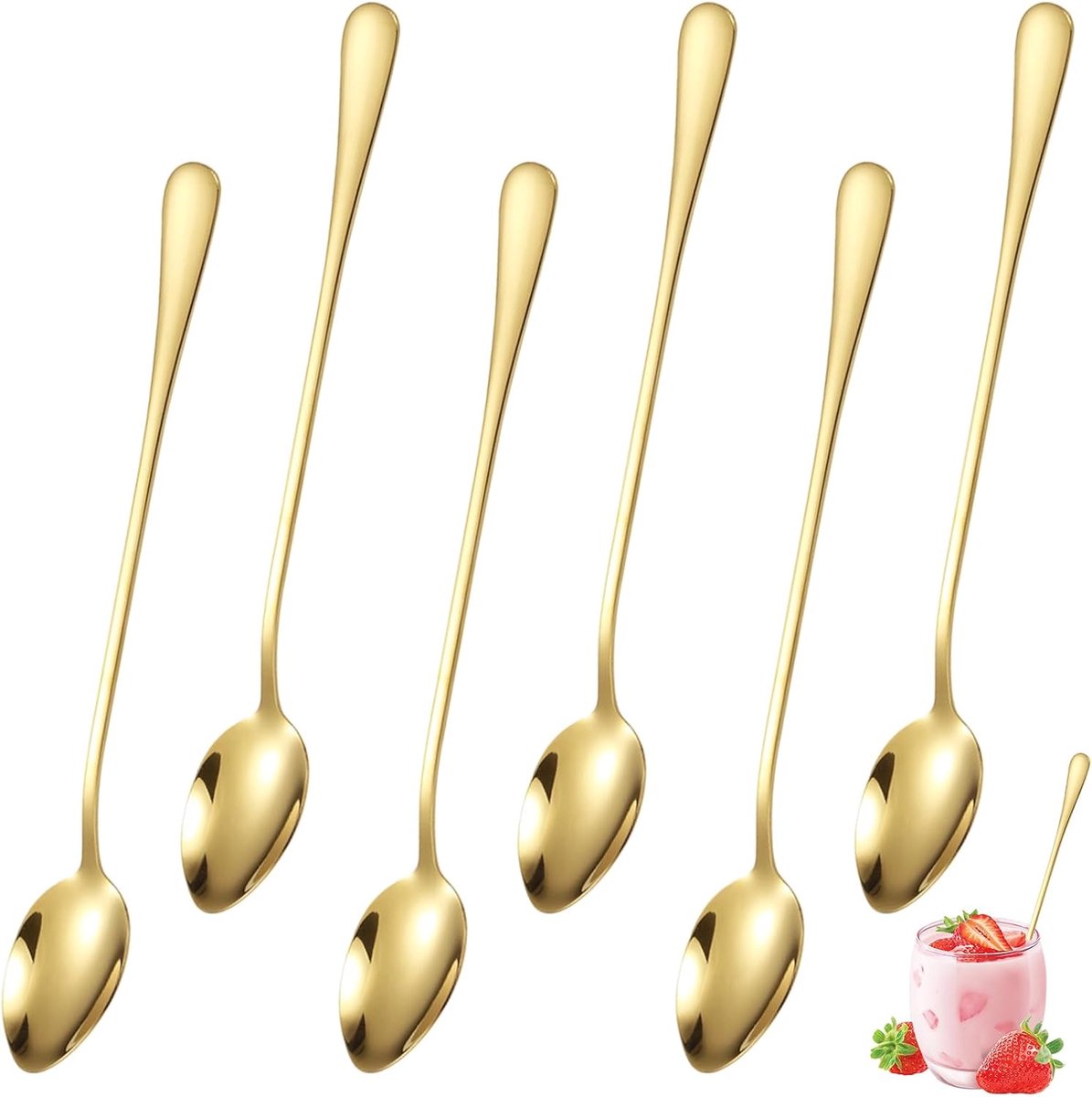 6 Stukken Gouden Lepels met Lange Handgreep - 20cm Latte Macchiato Lepel Set - Vaatwasmachinebestendige Gouden Ijstheelepels voor Koffie, Thee, Milkshake