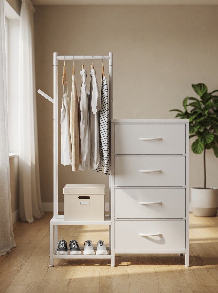 3-in-1 commode met laden, 4 ladekast met stabiele kledingstandaard en 2 kledinghaken, dubbellaags schoenenrek onder, 4 stoffen laden, geschikt voor slaapkamer en hal, wit-Mobili Bella