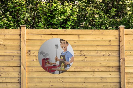 Tuincirkel Een illustratie van een man die het eten bakt op de barbecue - 90x90 cm - Ronde Tuinposter - Buiten