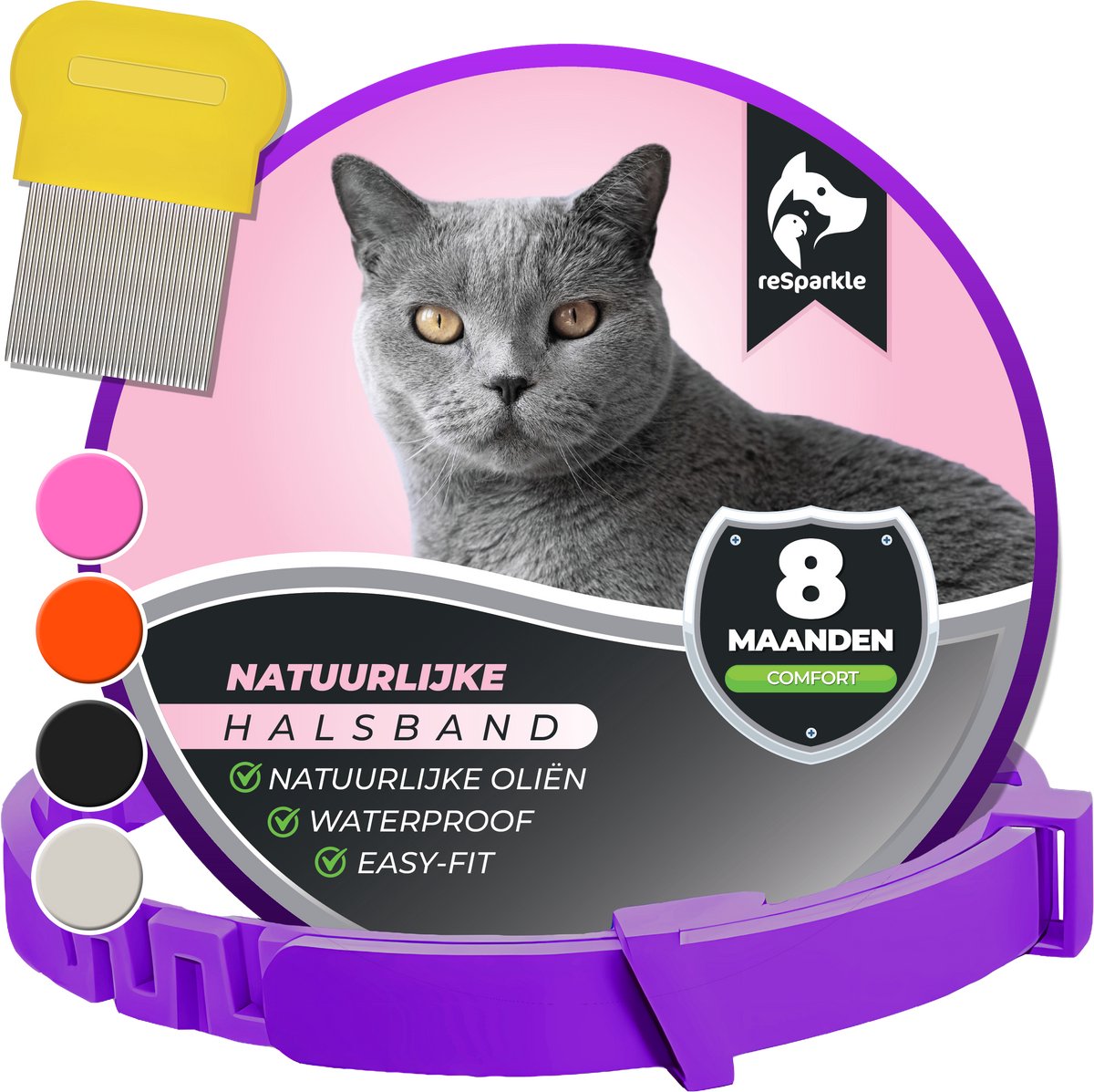 Bol.com reSparkle Halsband Kat - Natuurlijk - Inclusief Vlooienkam - Paars aanbieding