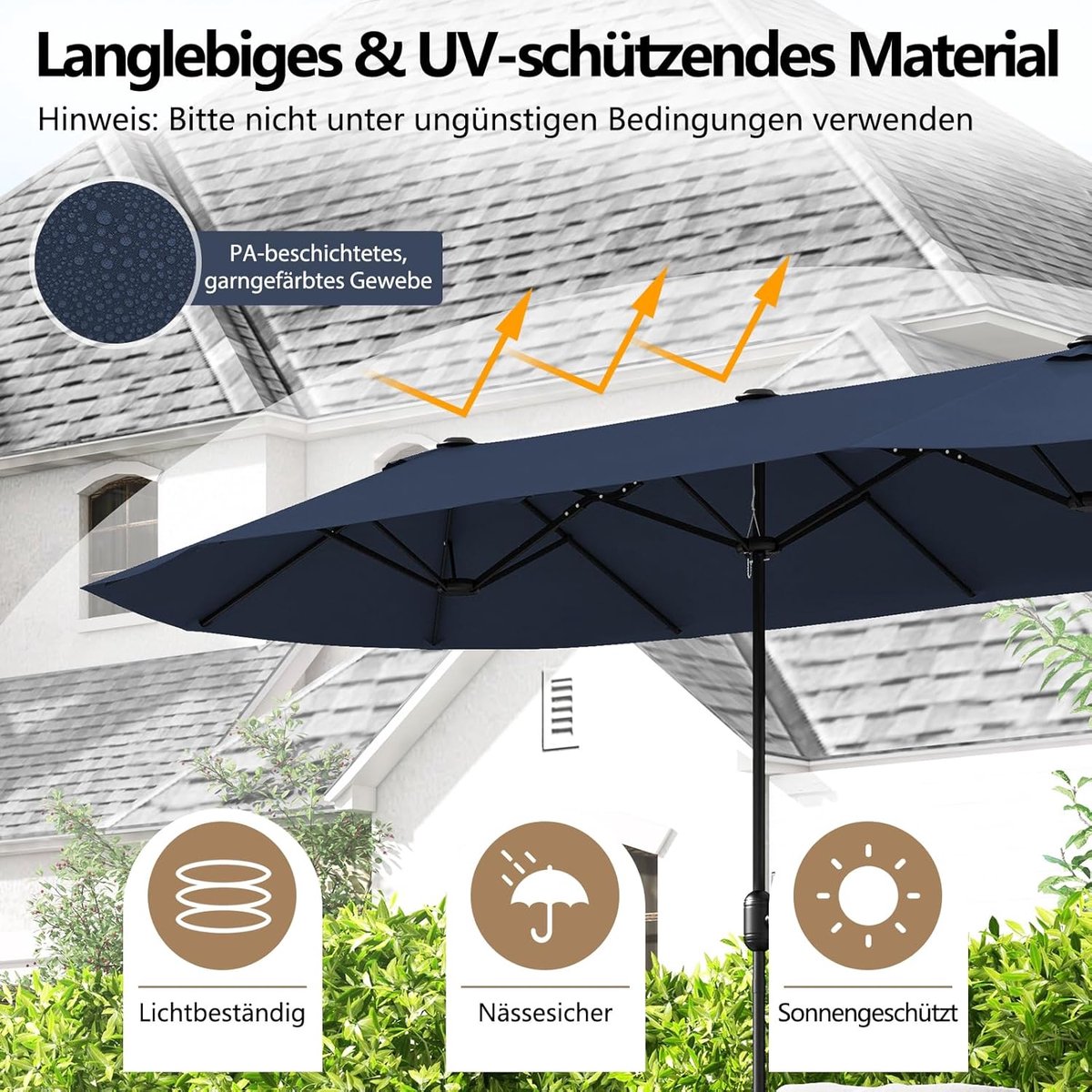 Dubbele Tuinparasol XXL 400x200 cm – Grote Ovale Parasol met Standaard, Zwengel & Ventilatie – UV50+ Zonbescherming, Weerbestendig & Windstabiel – Donkerblauw – Nicolehome