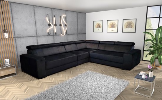 Foto: Hoekbank hoeksalon klar 6 zits zwart en zwarte stiksels afkuisbare velvet stof euro comfort design