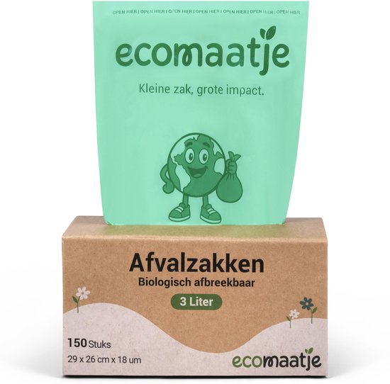 Une boîte de sacs poubelles Ecomaatje, biodégradables, 3 litres. Un sac vert avec le logo Ecomaatje et le texte "Kleine zak, grote impact" en dépasse.