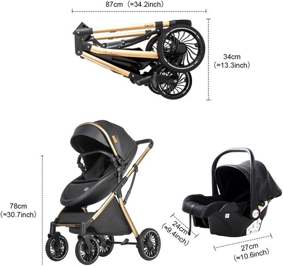 Deluxe 3-in-1 Kinderwagen - Volledig Reissysteem met Wieg & Autostoel - Veilig en Comfortabel - Zwartgoud van Merkloos — afbeelding 4