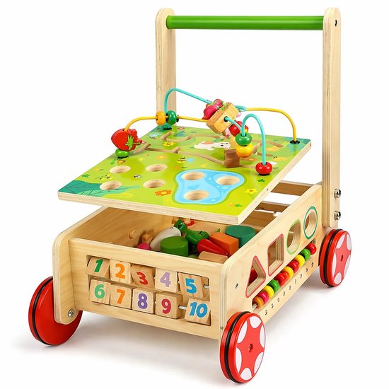 Houten Loopwagen Baby met Activiteitenkubus - Montessori Loopstoel & Educatief Speelgoed van Houten — afbeelding 5