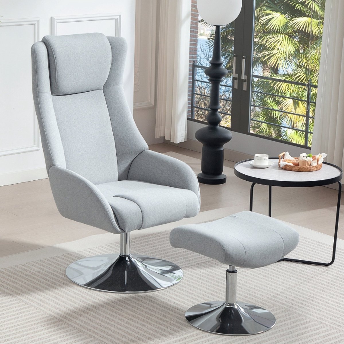 Wishdor - Draaibare Relaxfauteuil Met Voetenbank - Verstelbare Rugleuning En Armleuningen - Modern Ontwerp Voor Woonkamer Of Slaapkamer - Metalen Onderstel En Zachte Bekleding - Grijs - 68 X 84 X 118 Cm