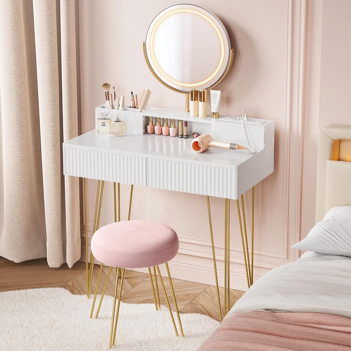 Luxe Hollywood Kaptafel met LED Verlichting, Spiegel, Stopcontacten en Krukje 40 x 80 x 134,8 cm – Make-up Tafel met Lades en Opbergruimte