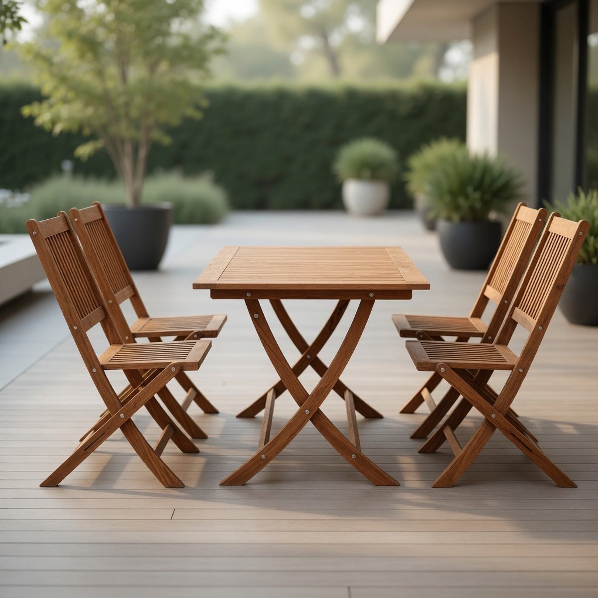 Luxe Acaciahouten Tuinset 5-delig – FSC® Inklapbare Eettafel met 4 Stoelen – Extra Stabiele Terrasmeubelset met Verstevigde Tafelrand – Weerbestendig & Ruimtebesparend voor Tuin, Balkon en Terras (Bruin) | Mobili Bella