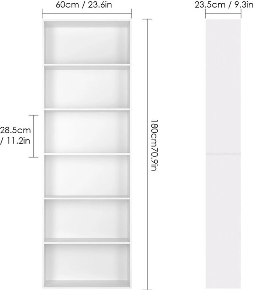 Boekenkast - Kast - Boekenkasten - Boekenrek - Hoge Kasten - 180 cm Display Rek - 6-Tier - Houten Opbergkast voor Woonkamer - Opbergsysteem - Wit
