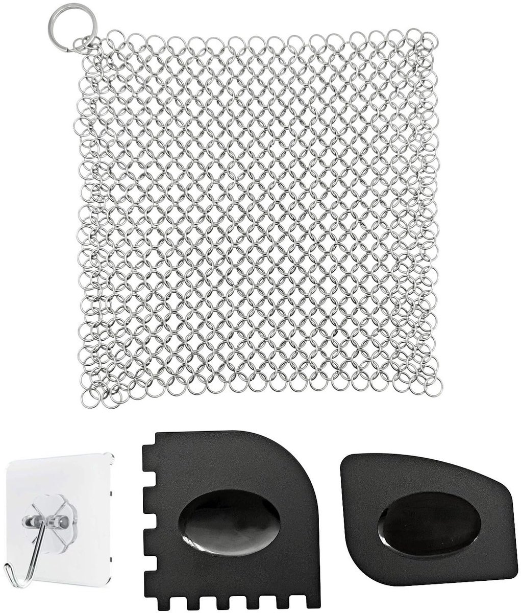 LIVIA HOME- Gietijzeren Pan 18x18cm - Roestvrij Stalen Kettingborstel - Schraper - Grillpan Reiniger - Duurzaam Schoonmaakmiddel - Geen Krassen - Panreiniger