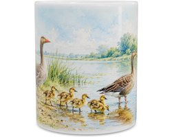 Mok met Grauwe Gans en Pulletjes - Aquarel van Grauwe Gans (Anser anser) met Gezin aan Waterkant - Vrolijk Zomer Cadeau voor Vogelliefhebbers