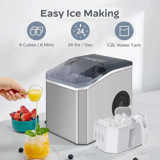 LUMÉ STORE IJsblokjesmachine - IJsmachine - IJsblokjesmaker Met IJsschep - IJsblokjes - Zelfreinigingsfunctie - 1.3 L - 220V - RVS — afbeelding 2