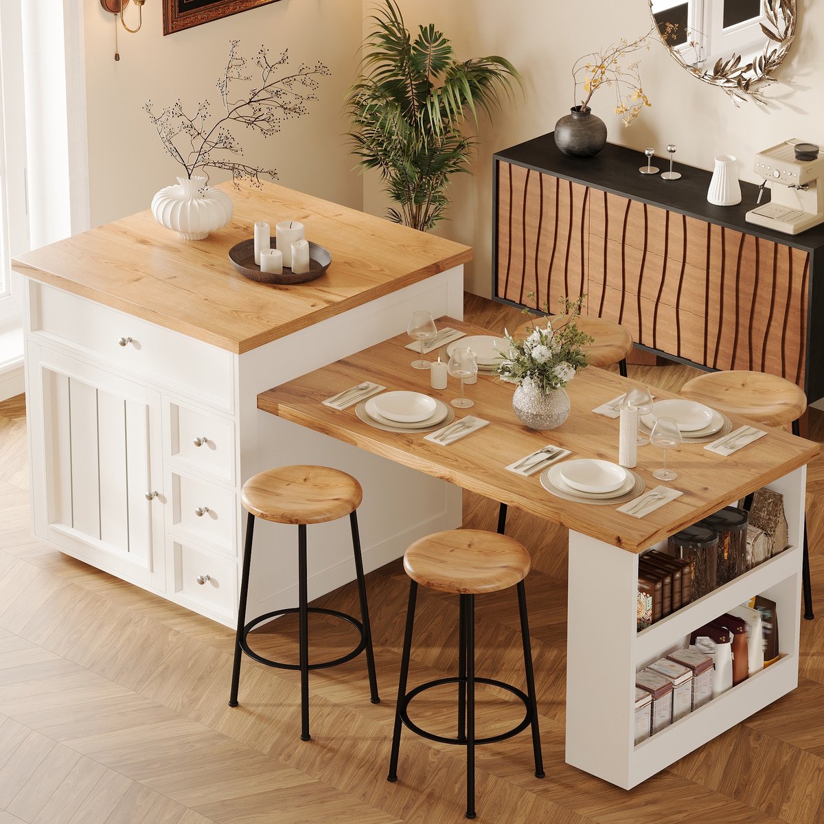 Sweiko Eettafel - Keukeneiland - Dressoir - Uitschuifbaar 120 - 184 cm - 4 lades - Houtlook - Natuurlijke + Wit