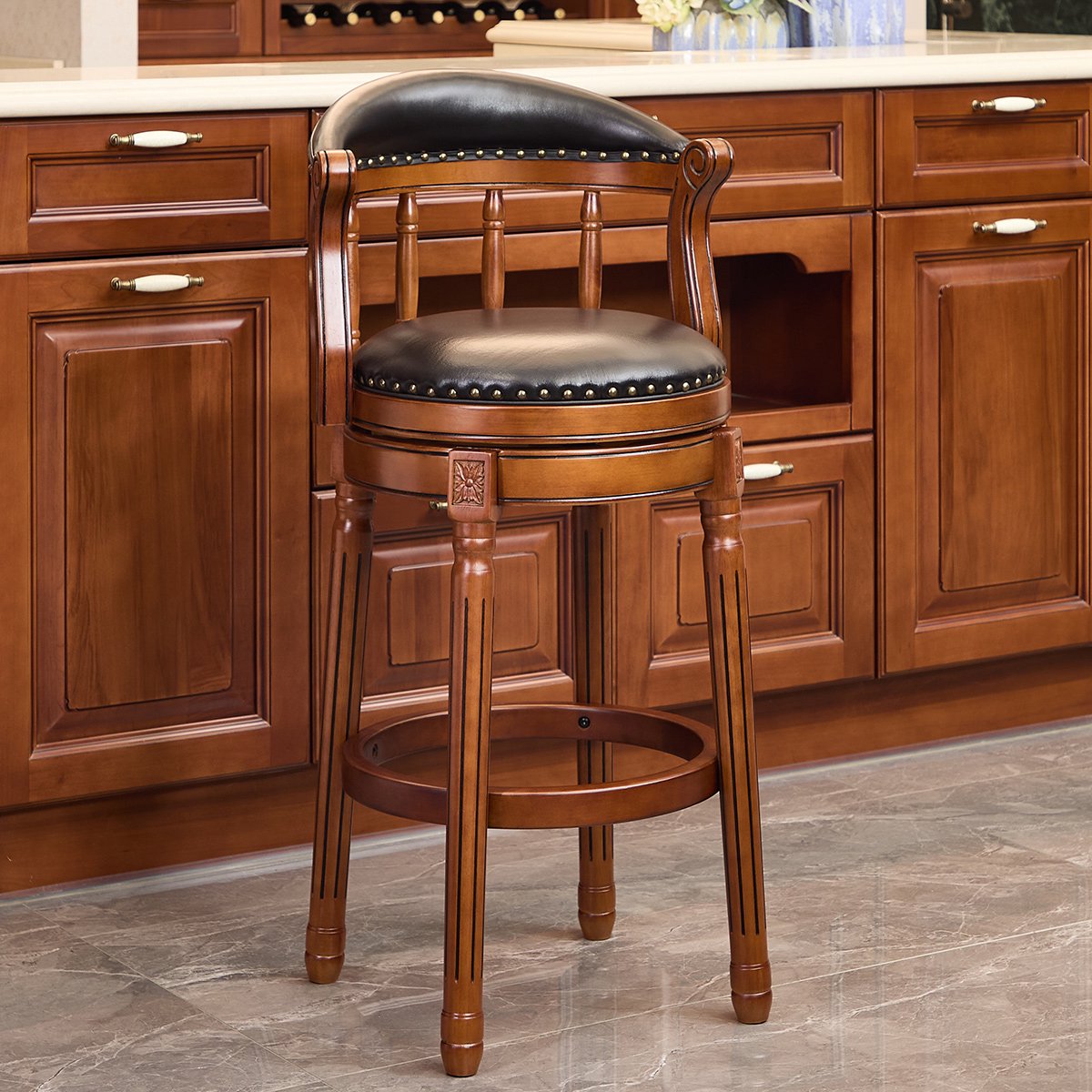 REDOM Barkruk - Draaibare Zitting met Rugleuning - Modern - Voor Keuken of Bar - Hout en Leer - Zwart