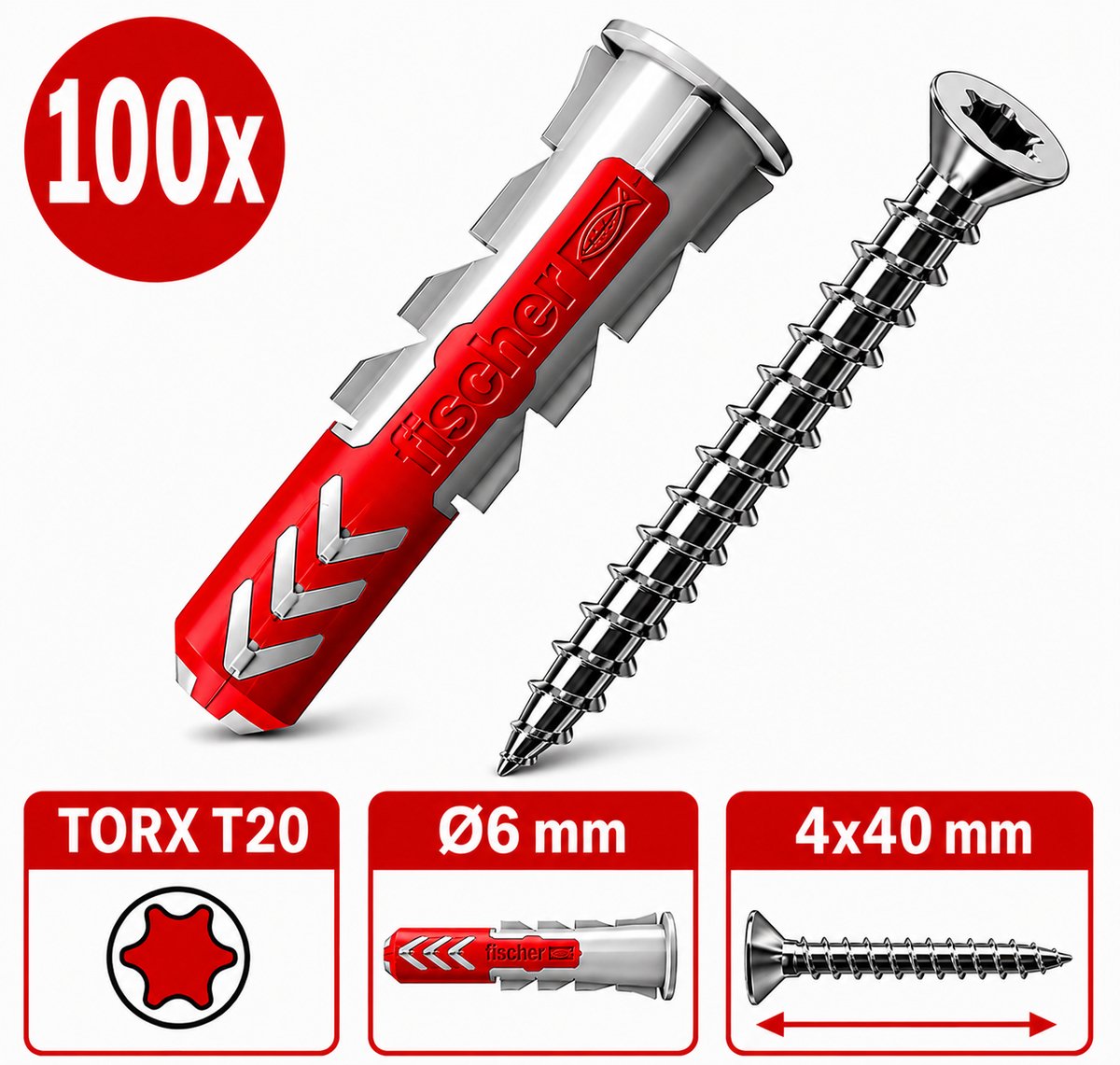 Fischer & Tornitrex pluggen en torx schroeven set 6mm DUOPOWER 6x30 | 100 sets
