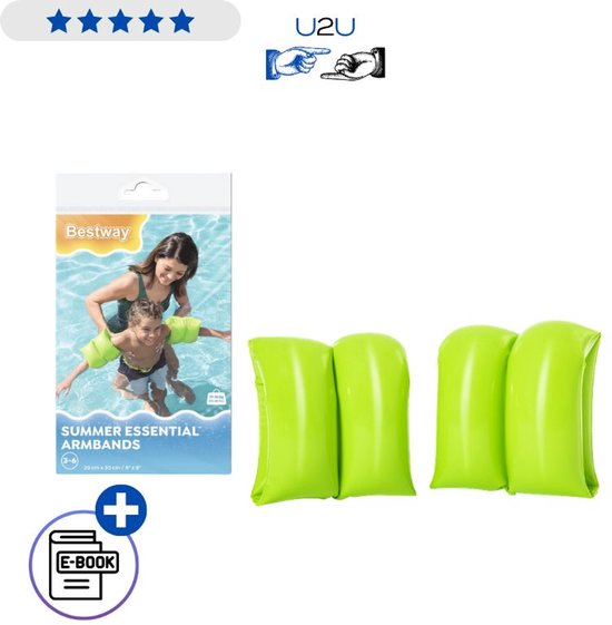 Verpakking van Bestway zwembandjes met opdruk van moeder en kind in zwembad. Naast de verpakking liggen twee felgroene opblaasbare zwembandjes. Iconen voor 'E-book' en 'plus'.