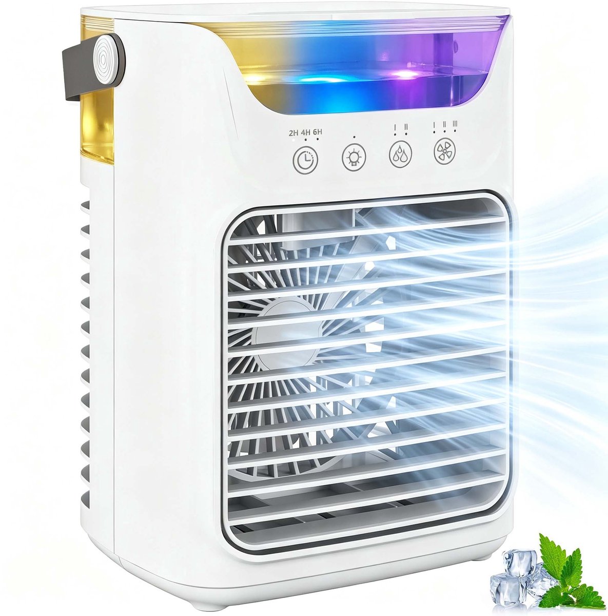 Draagbare Luchtkoeler 4-in-1 - Mini Airco met Waterkoeling - 3 Snelheden - 2 Verneveling Standen - 7 Kleuren LED Verlichting - USB Type-C - Wit