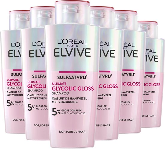 L'Oréal Paris Elvive Glycolic Gloss Ultimate Shampoo - Haarverzorging voor dof, poreus haar - met glycolic acid voor glanzend haar - Shampoo voordeelverpakking - 6 x 200ml