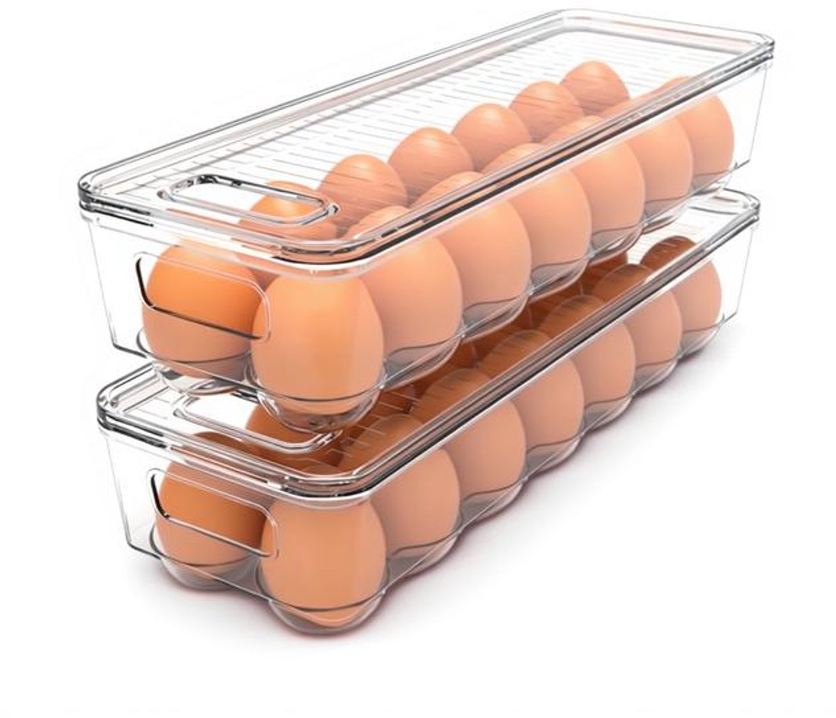 ElleMooi Eiercontainer voor de koelkast - 14 eieren, met deksel & handvat, transparante eierhouder, eieropslag, eierlade, stapelbaar - Pak van 2