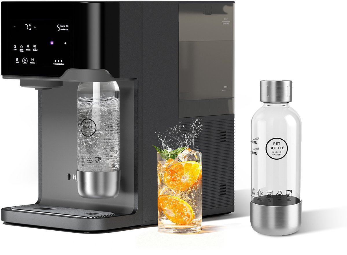 Hydrofast C300 Omgekeerde Osmose Waterfilter – RO Waterdispenser met IJs-, Bruisend & Warm Water, 6-Traps Filtratie, UV-Sterilisatie + Extra BUB01 Bruiswaterfles (2 Flessen Totaal)