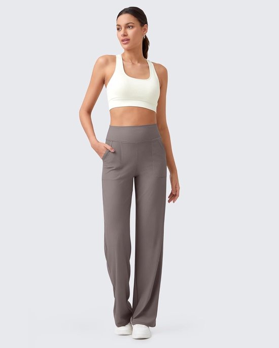 Dames Yoga Broek met Zakken Hoge Taille Ribbels Brede Pijpen Lichtgewicht Casual Sportbroek voor Petite, Normale en Lange Maten, Taupe — afbeelding 2