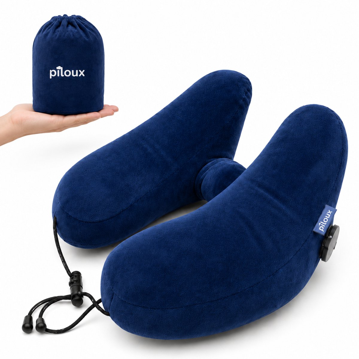 Premium Lumi Reiskussen Navy - Ergonomisch Nekkussen - Compact & Makkelijk Meenemen - Neksteun Kussen - Travel Pillow - Geschikt voor Auto en Vliegtuig - Opblaasbaar met Draagtas – productfoto 1 van Bol.com