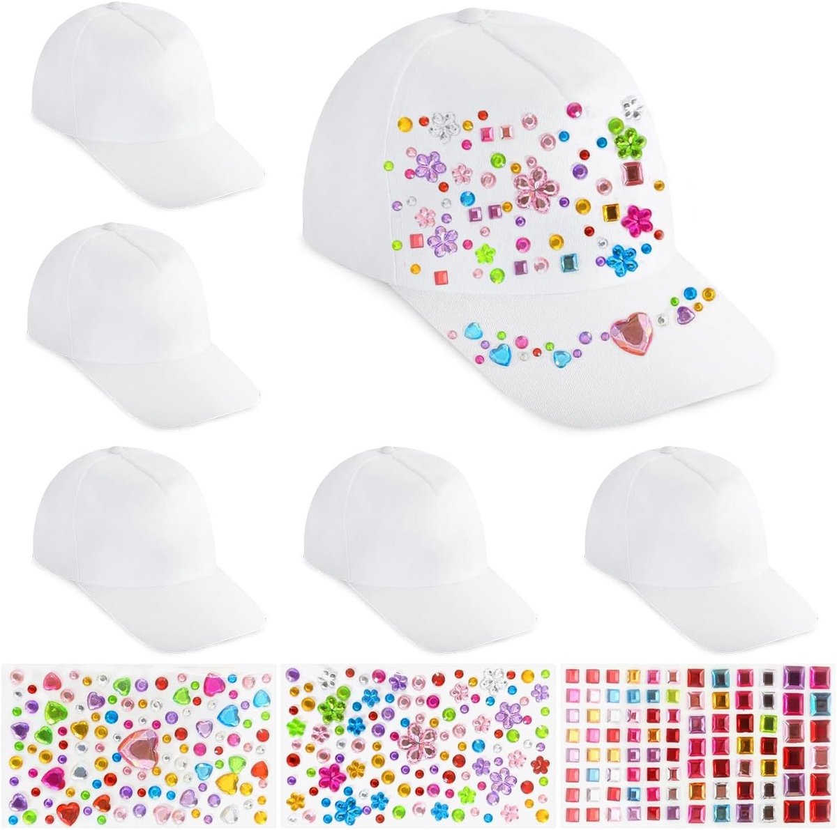 Set van 6 Kindercaps voor Schilderen, DIY Baseball Caps, Verfbare Hoeden met 3 Stukjes Edelsteen Stickers, Creatief Speelgoed voor Kinderen