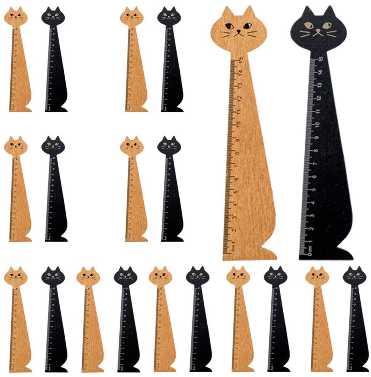 Dailygoods- Houten Liniaal - 20-delige Set - Katten Styling - Duurzaam Hout - Bureaubladdecoratie - Gemakkelijk Leesbare Schalen - Meetlat