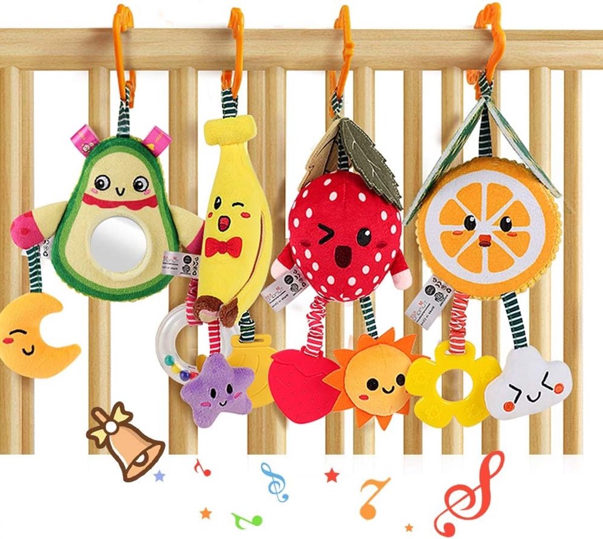 Hanging Fruit Rammelaars voor Baby's - Avocado, Banaan, Sinaasappel en Aardbei, Pluche Bijtringen voor 3-12 Maanden, Perfecte Cadeaus voor Jongens en Meisjes