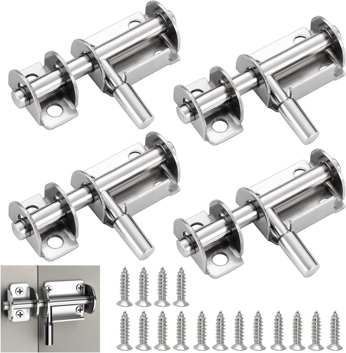 Set van 4 RVS Deursluitingen - Kleine Latch Lock, Schuifbalk met Schroeven, Bolt Latch voor Tuinpoort, Badkamer en Schuur, Duurzame Deursluiting voor Binnen en Buiten