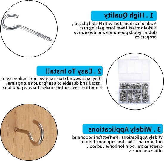 Pack of 115 Screw Hooks, Cup Crochet Screws, Ceiling Hooks, Screw-In Hooks, Wooden Hooks with Wood Thread for Hanging - ShopVlot — afbeelding 4