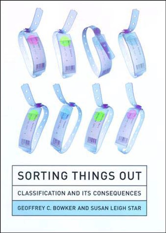 Boekomslag met acht polsbandjes met labels, de titel is 'Sorting Things Out'.