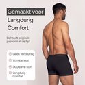 Man met baard, draagt een zwarte boxer. Tekst: 'Gemaakt voor Langdurig Comfort'. Keurmerken: Geen Verkleuring, Vormbehoud, Duurzame Stof, Langdurig Comfort.