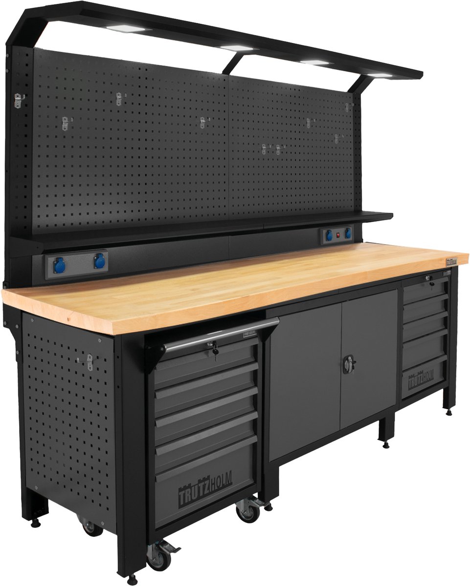 TRUTZHOLM - Profiline XXL Werkplaatsinrichting - 250 cm - Staal - LED - Stopcontacten - Werkbank - Kastsysteem - Wand