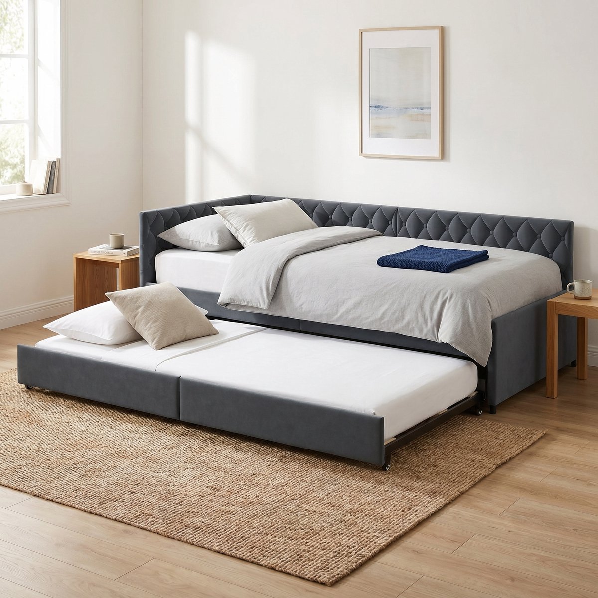 Bedbank - Uitschuifbed - Slaapbank - Daybed - 90x200 cm - Fluwelen bed - Hout en metaal - Gecapitonneerd - Grijs