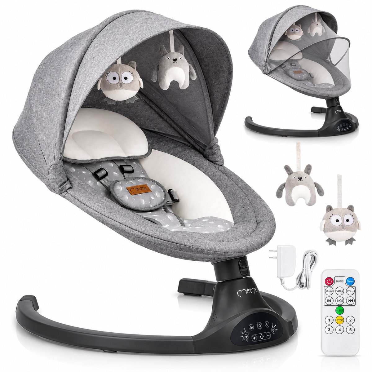 MoMi Kenani - Elektrische Babyschommel - Bluetooth - Afstandsbediening - 5 Schommelsnelheden - Donkergrijs