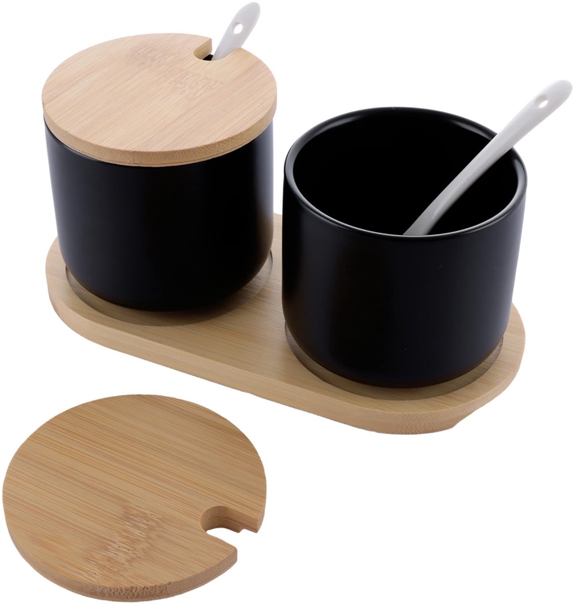 Dailygoods- Voorraaddozen Set van 2 - Keramisch/Zwart - Bamboedeksel - 260 ml - Zoutvat/Kruidenpotjes - Antislip Plaat - Opbergdozen