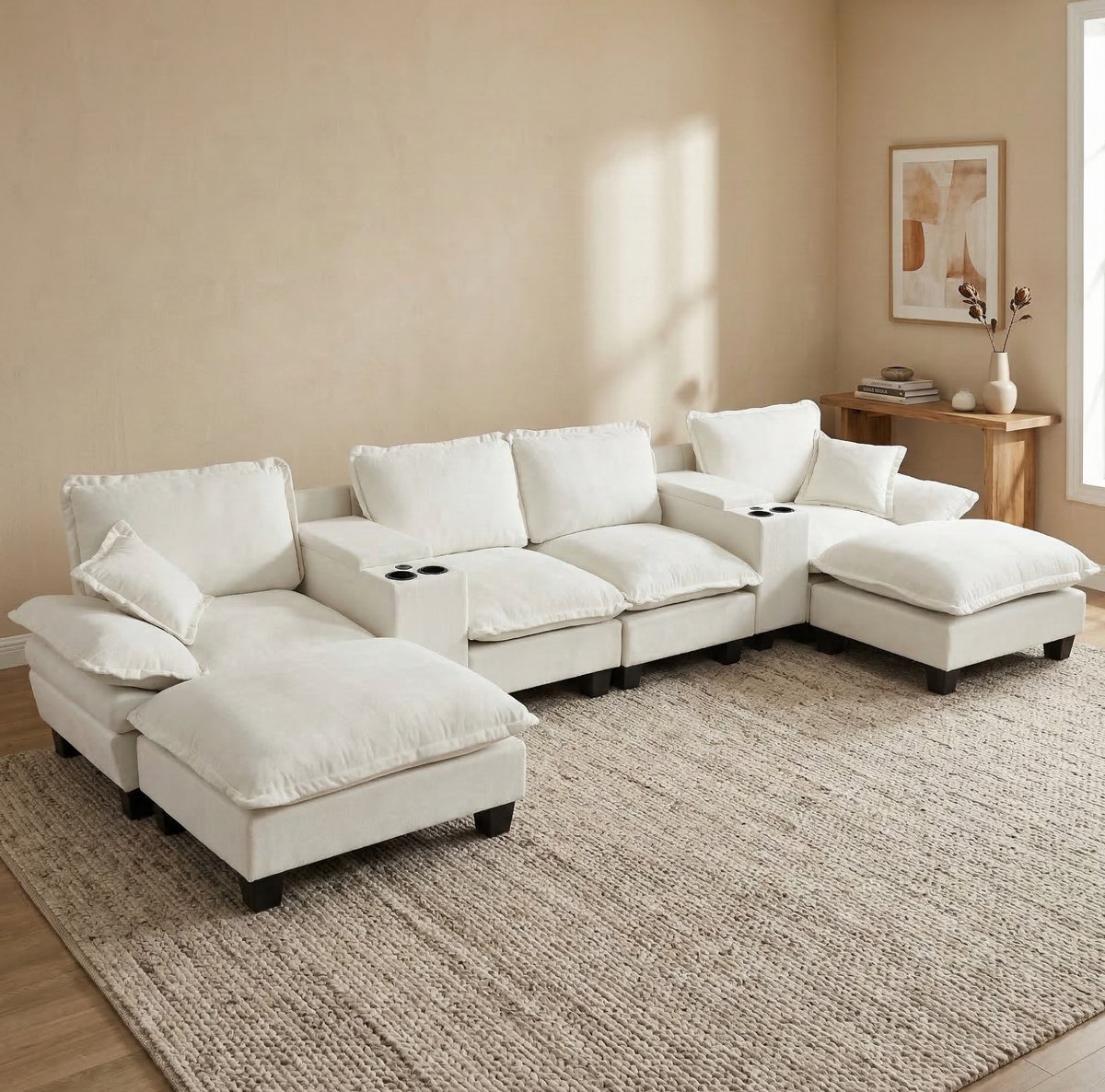 STILVORA U-Bank 392 x 151 x 90 cm - Met Opbergruimte, Usb-Aansluiting En Ottomaan - Voor Woonkamer En Appartement - Chenille Beige