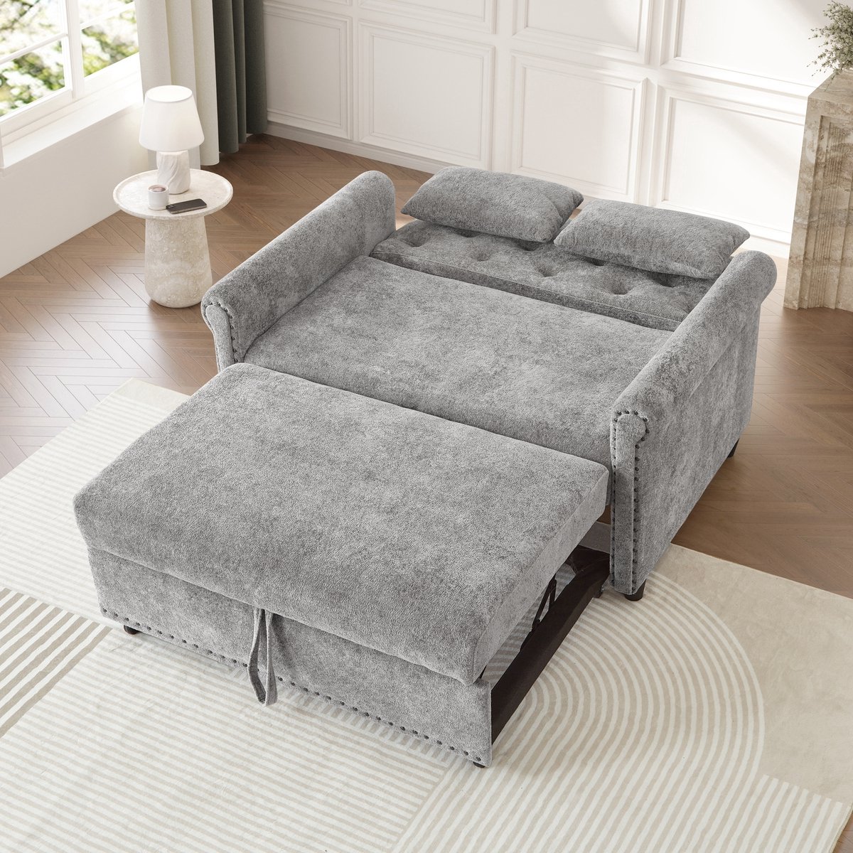 MIVRAY Slaapbank 2-Zits 170 x 98 cm - 3-in-1 Uitschuifbaar Met Verstelbare Rugleuning - Voor Kleine Ruimtes En Logeerkamer - Grijs
