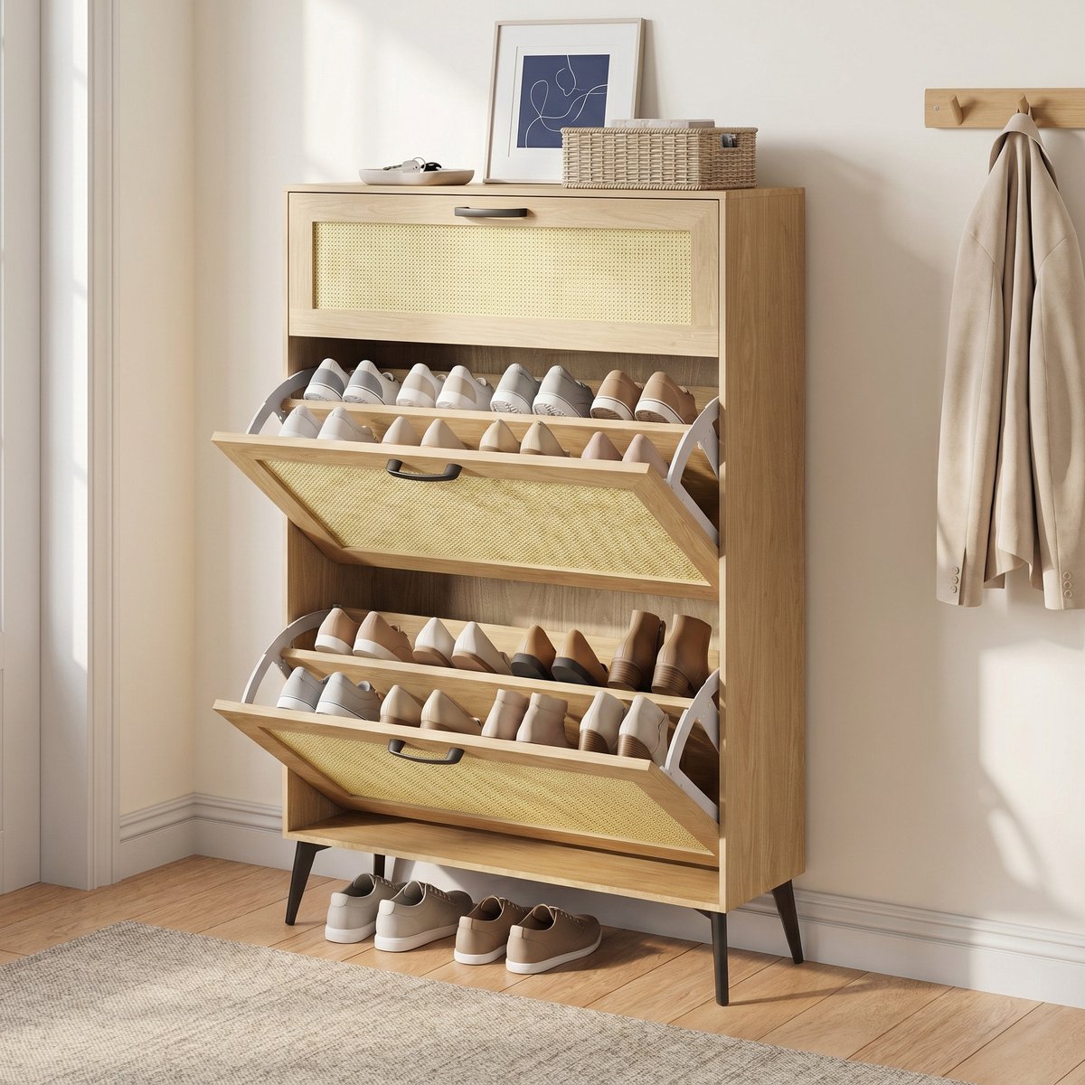 Schoenenkast - 80x24x114 cm - 2 klepdeuren en 1 vak - hout en metaal - rotan stijl - naturel
