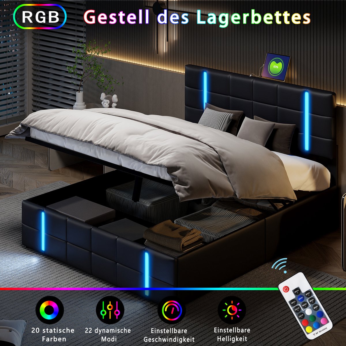 MEXUS Gestoffeerd bed 160x200 cm met LED Verlichting en USB, Tweepersoonsbed met lattenbodem, Opbergbed bedframe met Hydraulische Opbergruimte, PU Zwart, zonder matras