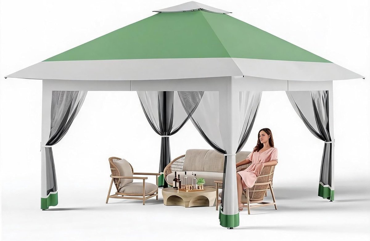 Pop-up Partytent 4x4 m - Vouwtent met Muggennet & Dubbel Dak - In Hoogte Verstelbaar - Waterdicht & UV50+ Bescherming - Inclusief Draagtas op Wielen & Zandzakken - Groen