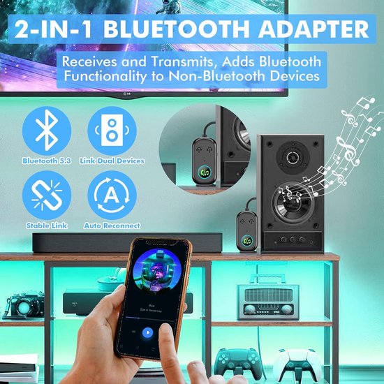 Bluetooth Adapter Jack - Audio Zender Ontvanger - Draadloze Audio - Twee Apparaten Tegelijk - Bluetooth 5.3 - Zwart — afbeelding 3