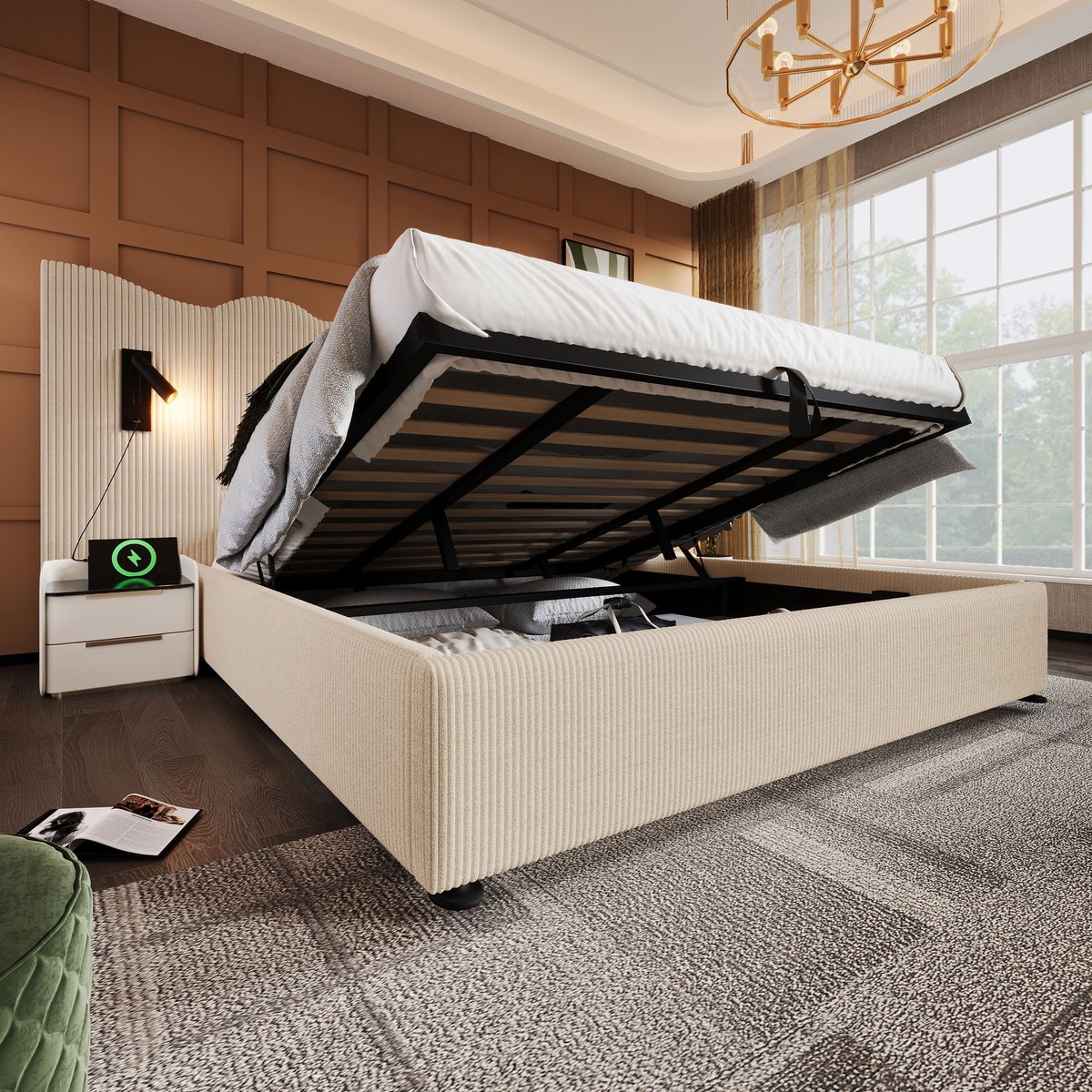 Welltin Gestoffeerd tweepersoonsbed 180x200 cm - leeslamp en USB Type-C oplaadfunctie, bedframe met opbergruimte en lattenbodem van massief hout en metaal, grijs, linnen (exclusief matras)