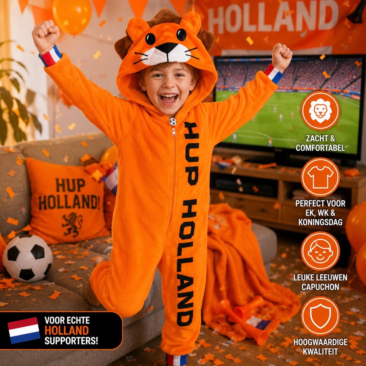 PartyFX Oranje Holland Leeuw Onesie Kinderen – EK/WK Voetbal Verkleedpak – Hup Holland Supporters Pak – 134/140 — afbeelding 4