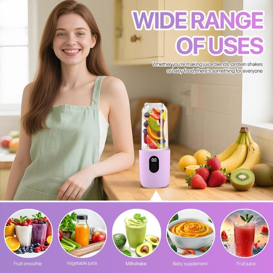 Draagbare Blender - Persoonlijke Mixer - Gezonde Drankjes Maken - 16 Roestvrijstalen Bladen - 500 ml Capaciteit - Paars — afbeelding 5