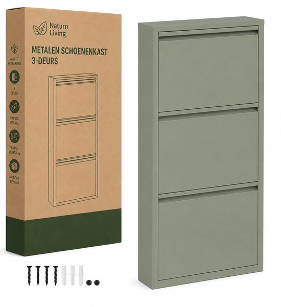 Metalen Schoenenkast 3-Deurs Mat Olijf-Groen – Smalle Ruimtebesparende Schoenenkast 50 x 15 x 103,5 cm – Metaal Schoenenrek & Wandmontage Opbergsysteem – Moderne Schoenenopberger voor Hal, Gang & Slaapkamer – Olijf Groen