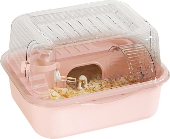 Roze hamsterkooi met transparante kap, voerbakje, huisje, looprad en een hamster.